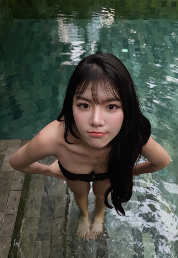 Prim Benjawan ยืนในสระน้ำตื้นเงยหน้ามองกล้อง