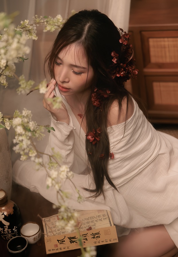 Sang Sxng เอียงหน้าข้างกิ่งดอกไม้สีขาวติดดอกไม้แดงบนผม